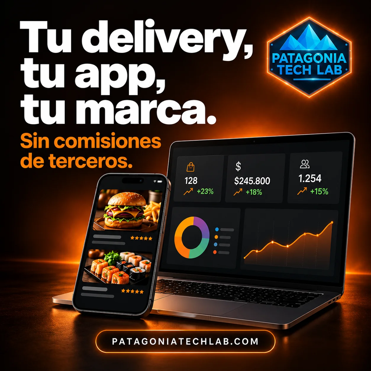 Tu delivery, tu app, tu marca. Sin comisiones de terceros. App de pedidos y panel de gestión de Patagonia Tech Lab.